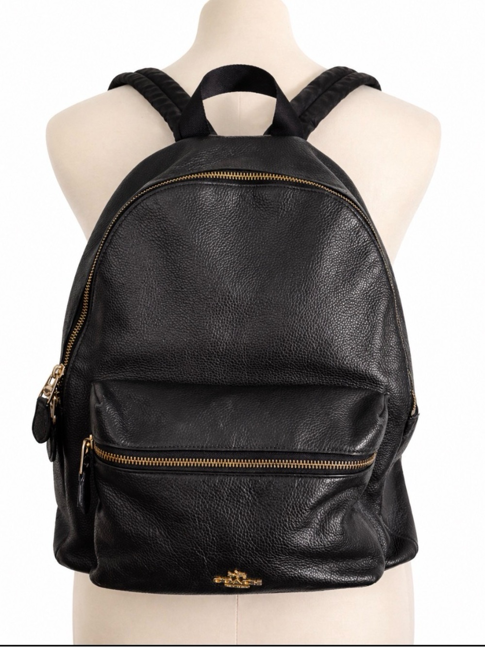 Coach Charlie Backpack Black Pebbled Leather Gold Zip F38288 M/L
